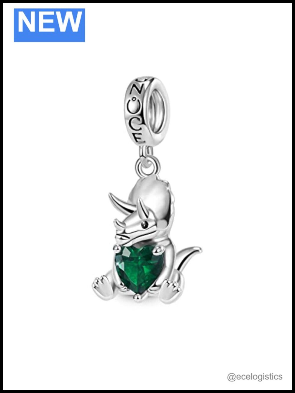 Triceratops Heart Gemstone Bead Charm 925 Sterling Silver Cubic Zirconia